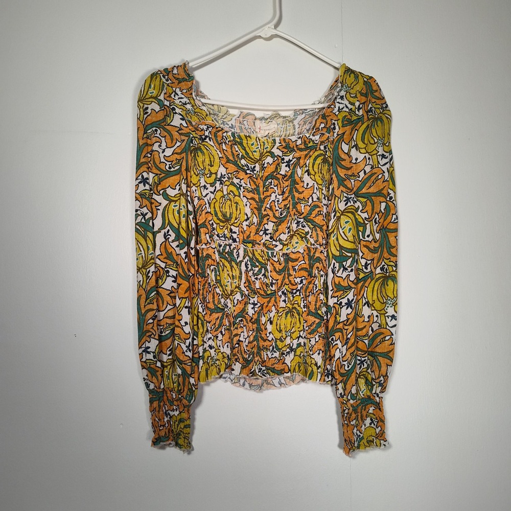 Anthropologie Floral Smocked Square Neck Peasant Blouse Yellow Orange Top XS